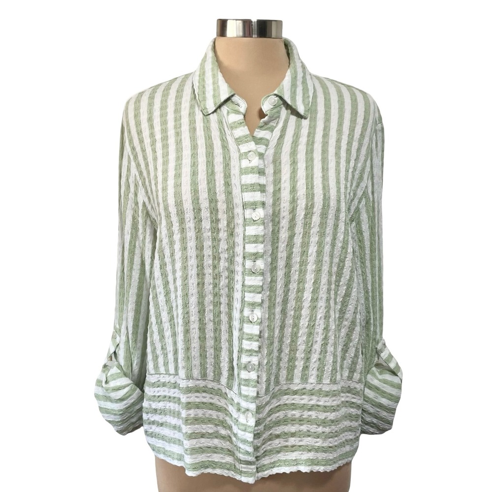 Jane + Delancey Sage Green White Stripe Textured Roll Tab Button Down Shirt Sz L